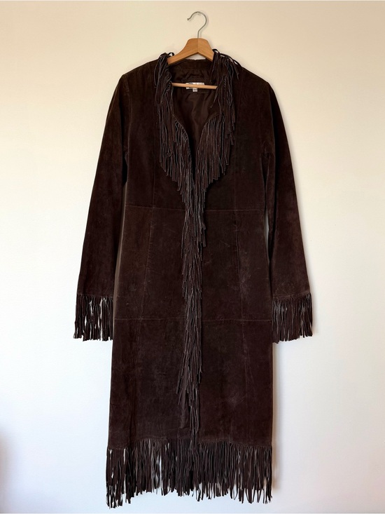 B. Lucid Jackets & Blazers - Insane Vintage Genuine Leather Cool Brown Fringe Trim Trenchcoat